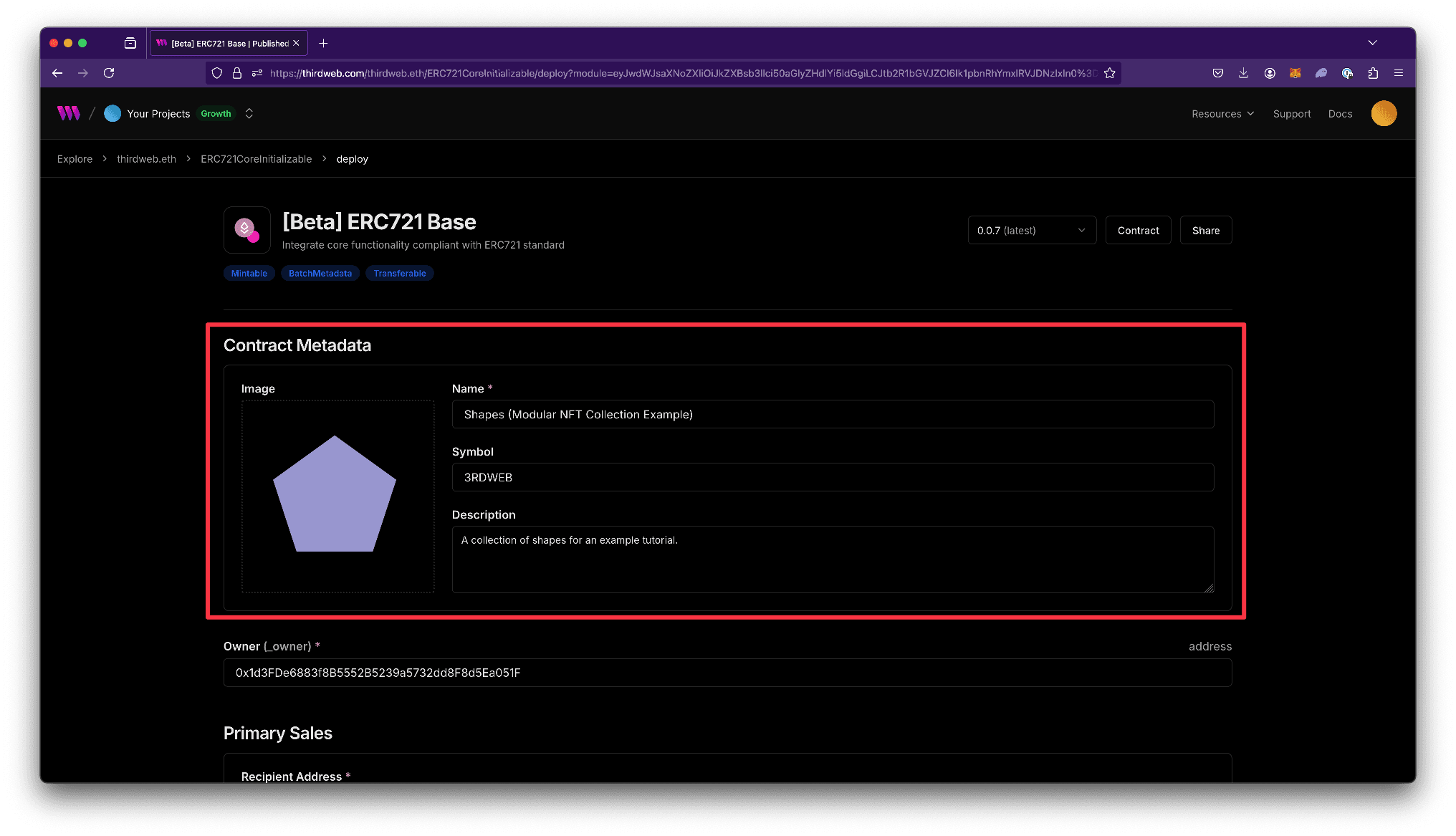 Screenshot of NFT Collectionconfigure metadata